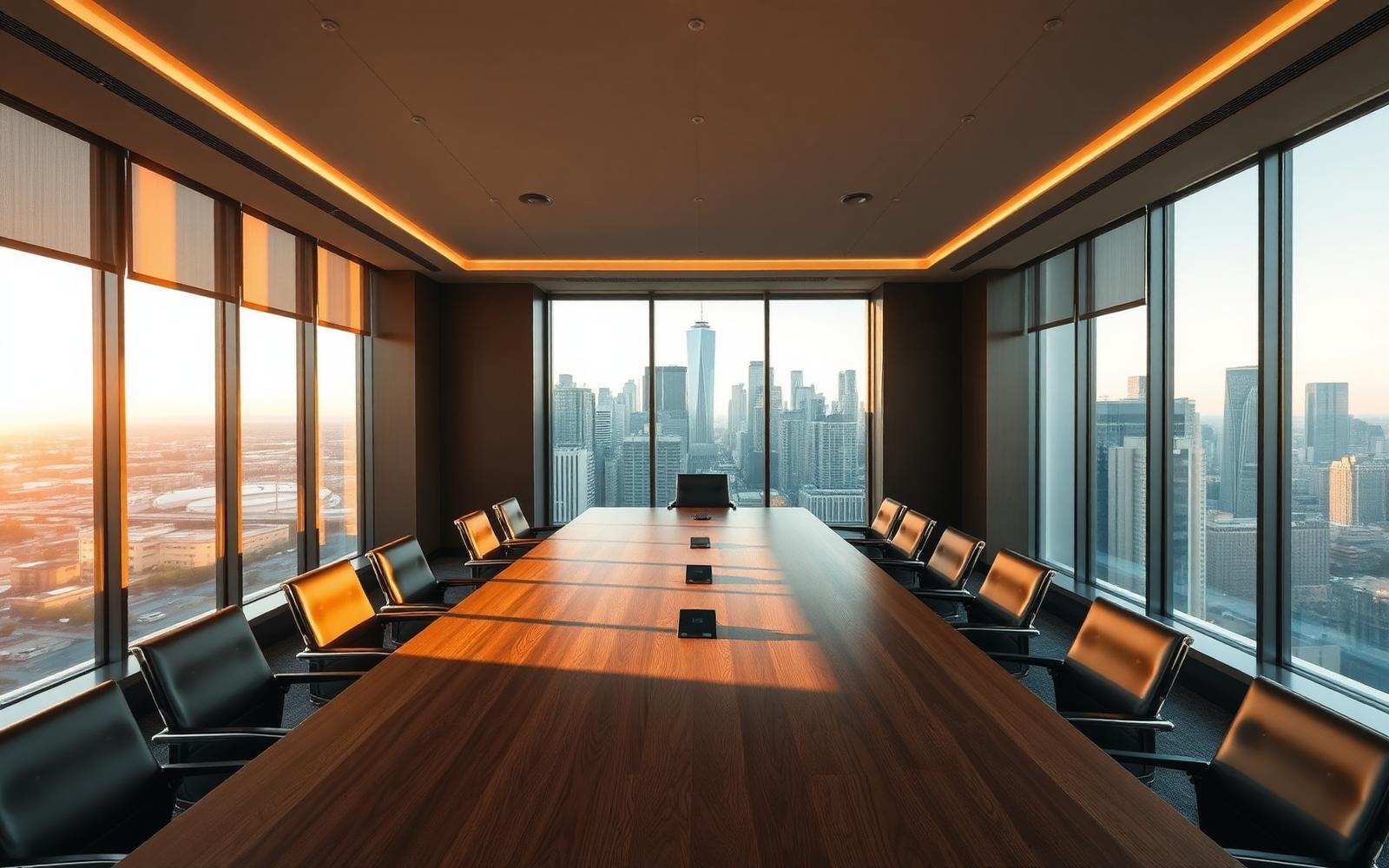 Modern boardroom overlooking a city skyline