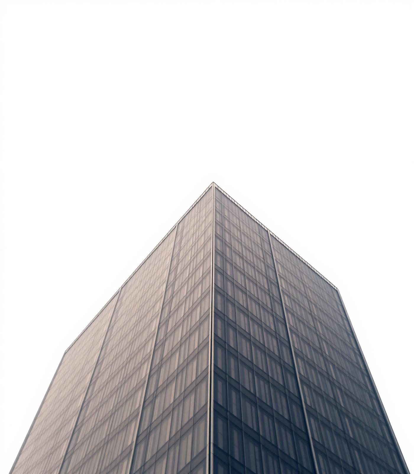 Modern glass office tower against a pale sky